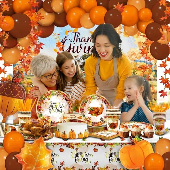 Elegant 252-Piece Thanksgiving Party Decorations Kit with Dinnerware & Balloons
